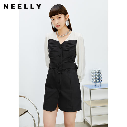 NEELLY纳俪商场同款气质V领连衣裙女撞色拼接简约风A字裙收腰春夏N22023Y01110 商品图0