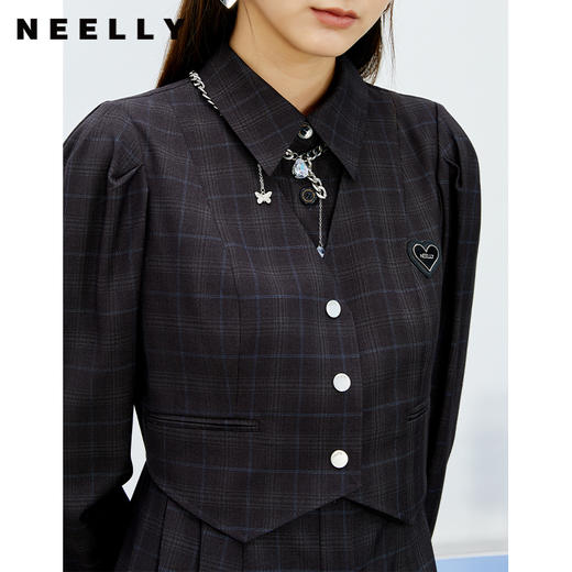 NEELLY纳俪格纹连衣裙女中长款单排扣泡泡袖A字裙百搭显瘦学院风N22022Y01093 商品图1