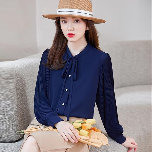 洋气时尚褶皱灯笼袖衬衫设计感休闲百搭时尚百搭系带衬衣 商品图2