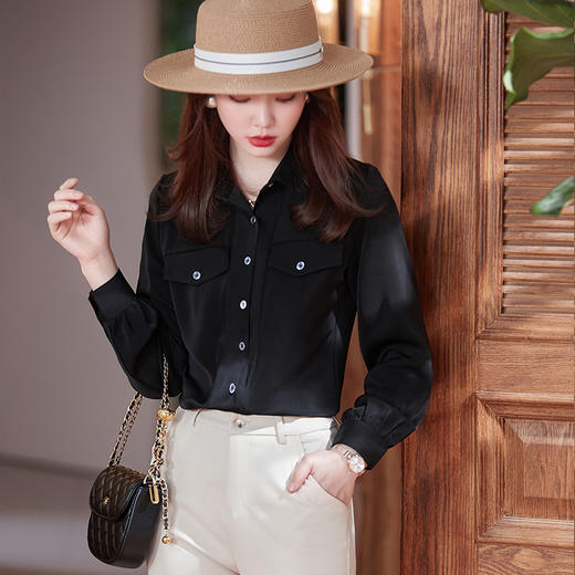 易打理丝立领设计宽松白色衬衫女春 商品图3