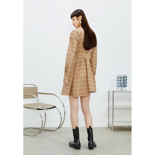 NEELLY纳俪气质格纹连衣裙女中长款收腰系带不规则下摆设计A字裙N22023Y01111 商品图4