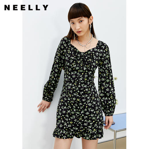 NEELLY纳俪商场同款复古桃心领碎花连衣裙女2022春夏新款百搭时尚N22022Y01091 商品图0