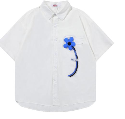 Skic/DX9979/条纹衬衣立体装饰花朵短袖衬衫 商品图0