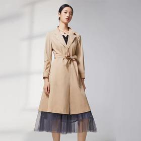 蓝地翻领收腰散摆中长款风衣BLWCF057000