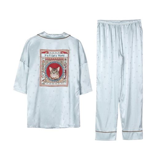 芬狄诗春夏猫印花冰丝睡衣女舒适家居服套装FL00182 商品图4