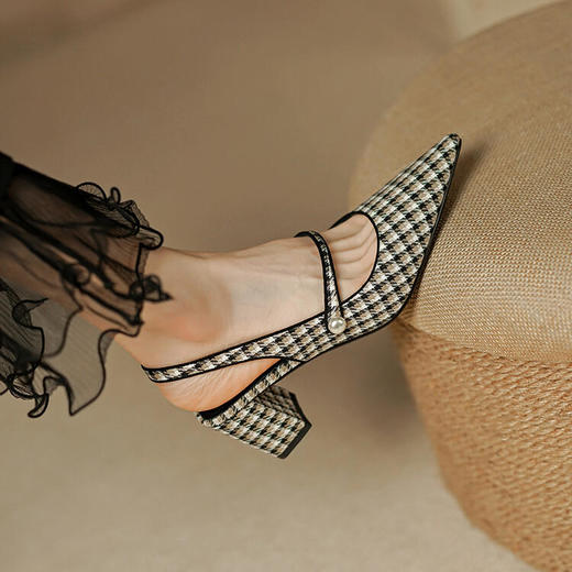 千鸟格子纹包头后空单鞋，复古法式粗跟高跟鞋PS805 商品图1