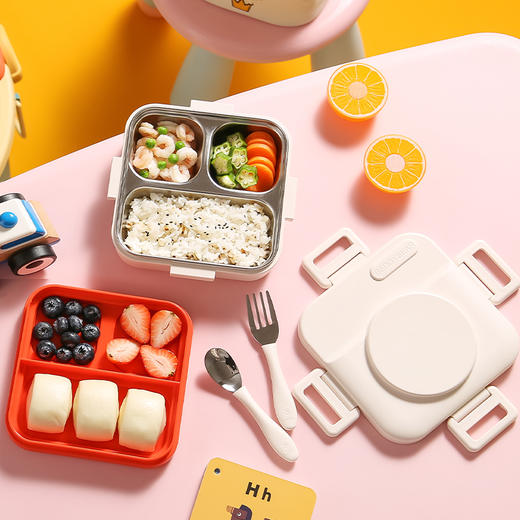 【品牌直发】【杯具熊方形饭盒】儿童餐盒宝宝辅食碗勺套装 防摔吸盘隔热316不锈钢饭盒420ml 商品图1