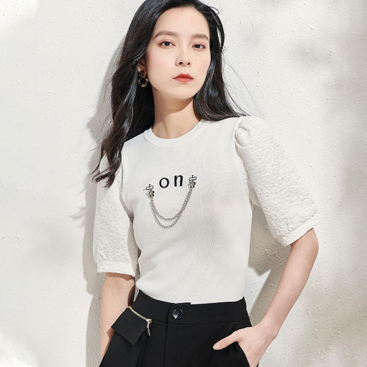 剩M/L 芳外针织拼接泡泡袖袖上衣2026春季新款淑女针织衫 商品图1