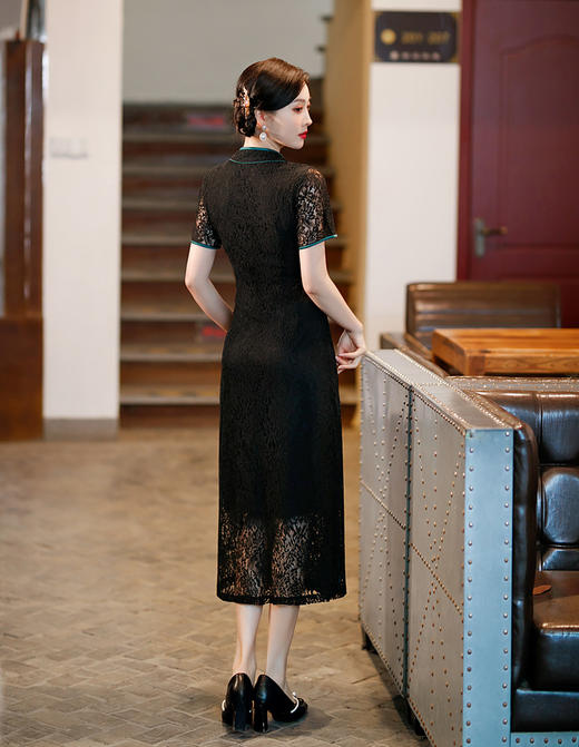 优雅修身，新款黑色系带蕾丝复古外套改良V领日常旗袍裙XL-678 商品图5