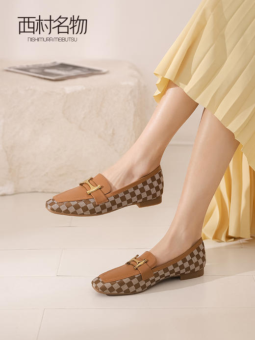 西村名物2022春季新款乐福鞋女棋盘格英伦马衔扣软皮小皮鞋19861 商品图3