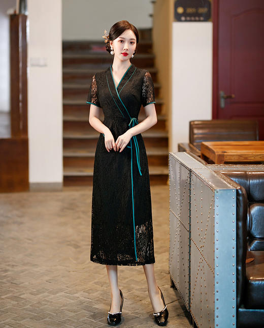 优雅修身，新款黑色系带蕾丝复古外套改良V领日常旗袍裙XL-678 商品图1