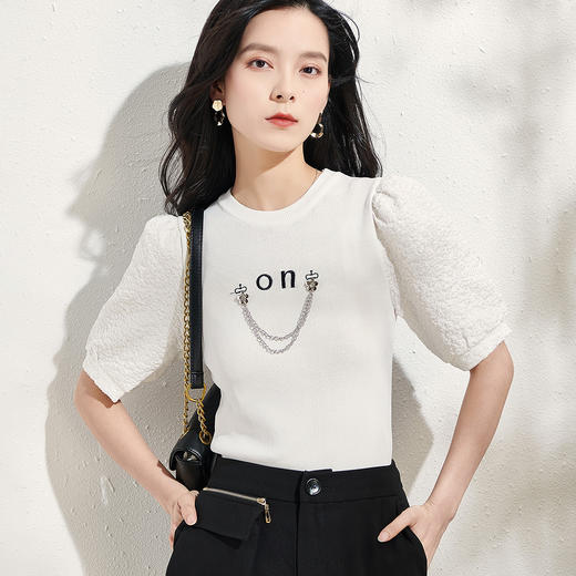 剩M/L 芳外针织拼接泡泡袖袖上衣2026春季新款淑女针织衫 商品图3