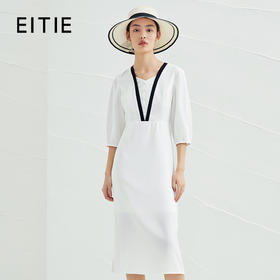 EITIE爱特爱夏季新款白色通勤时尚百搭高级撞色V领收腰连衣裙B2207920