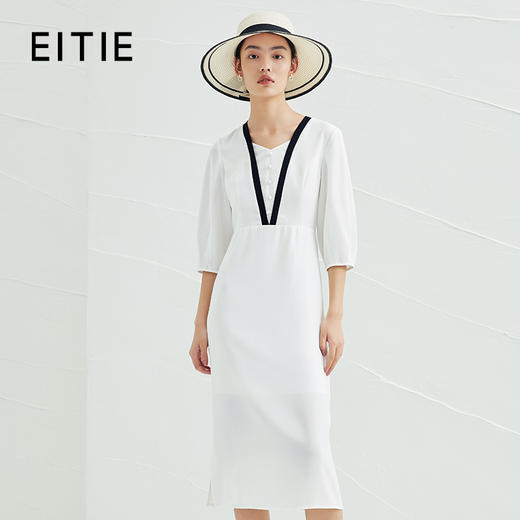 EITIE爱特爱夏季新款白色通勤时尚百搭高级撞色V领收腰连衣裙B2207920 商品图0