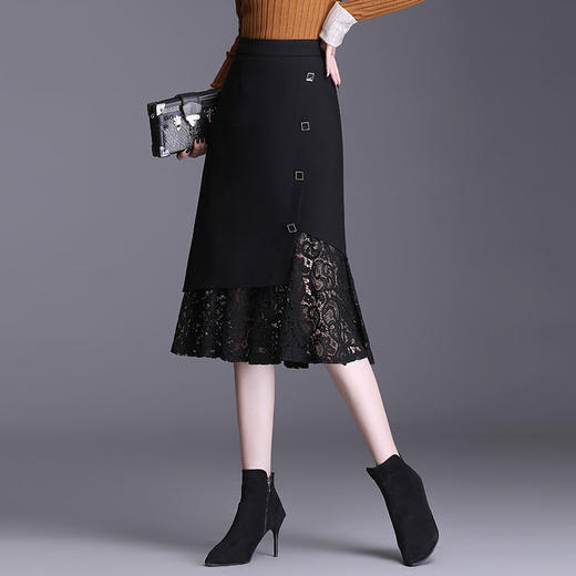 TZW-黑色鱼尾半身裙a字高腰蕾丝裙女 商品图0