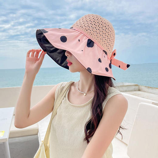 夏季黑胶遮阳帽女镂空草帽防紫外线大檐遮脸防晒扎马尾太阳渔夫帽 商品图9