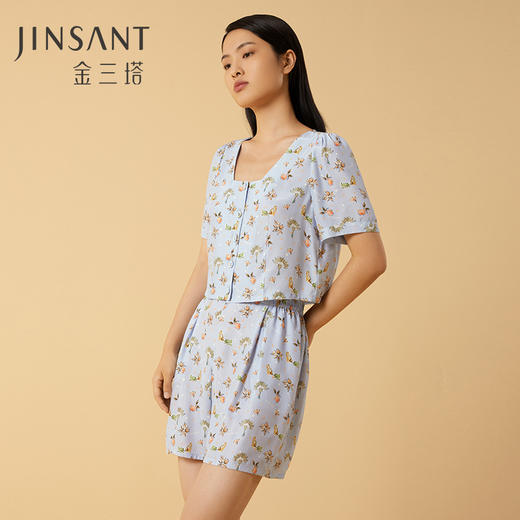 金三塔100%桑蚕丝印花复古方领女士真丝短袖短裤衣裤套时尚可外穿 YSFCB405 商品图1
