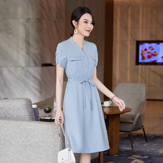 YQ-YZH2109春装新款韩版时尚气质短袖连衣裙中长款女士高腰大摆裙 商品图3