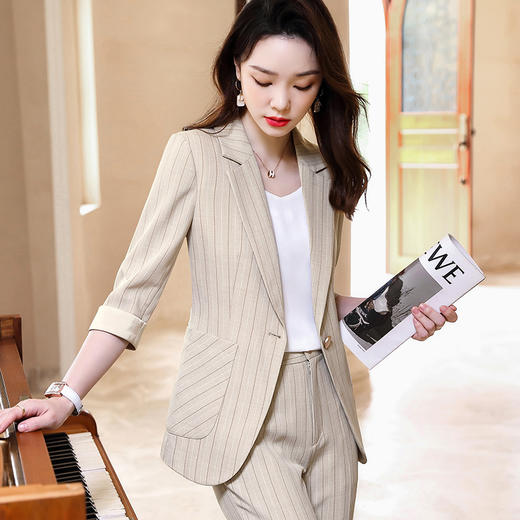 2022中袖新款粉色洋气条纹职业装女士套装韩版女神范工作服 MGG-XXN-22901 商品图3