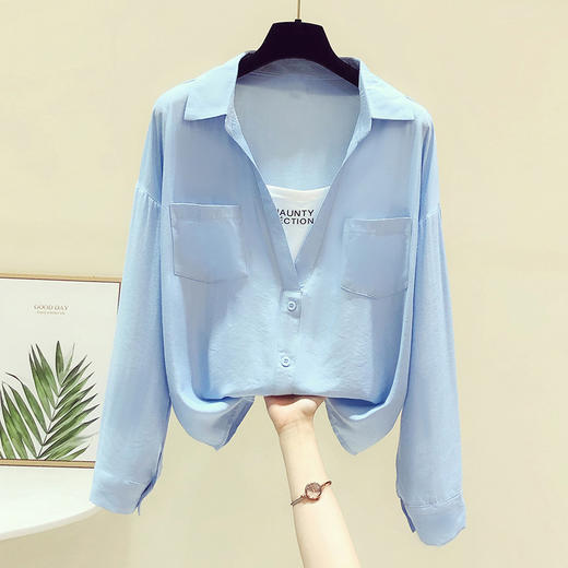 实拍t恤拼接假两件衬衫女春秋装2022年新款百搭显瘦POLO领长袖上衣 YX733 商品图2