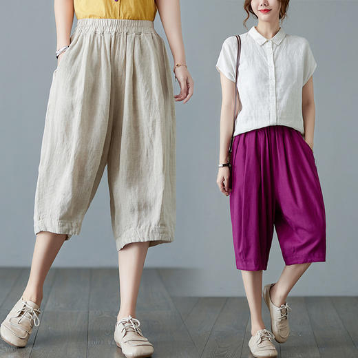 GYH  8098A棉麻松紧腰休闲时尚百搭显瘦纯色五分裤 商品图0