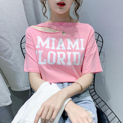 【女装】-露肩锁骨一字领宽松半袖上衣设计感小众短袖t恤女潮 商品图4