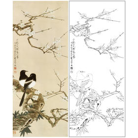 于非闇竖幅工笔花鸟白描底稿-喜鹊-《梅花双喜图》-多种白描尺寸可选-YF04