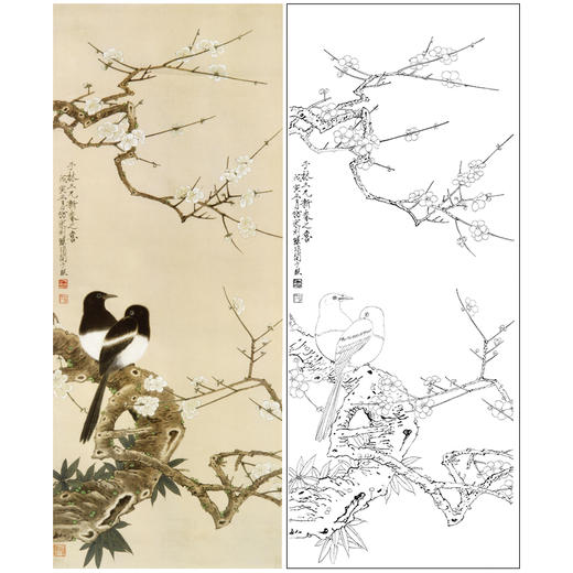 于非闇竖幅工笔花鸟白描底稿-喜鹊-《梅花双喜图》-多种白描尺寸可选-YF04 商品图0