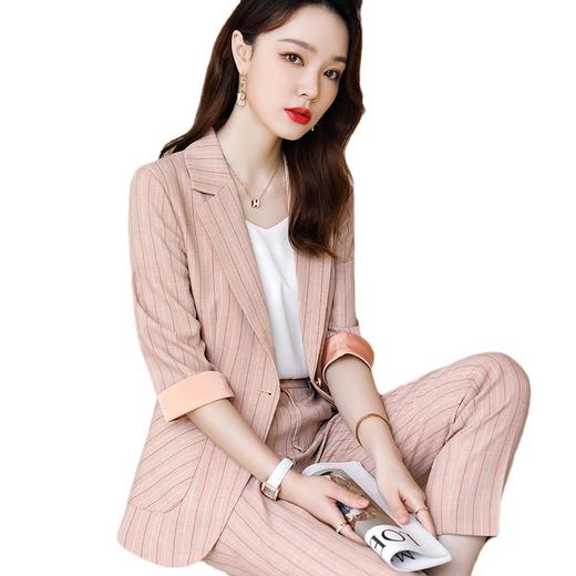 2022中袖新款粉色洋气条纹职业装女士套装韩版女神范工作服 MGG-XXN-22901 商品图4