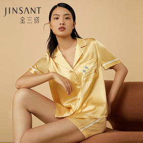 金三塔100%桑蚕丝舒适凉爽口袋印花纯色女士真丝睡衣短袖短裤家居服套装 YSFCA406