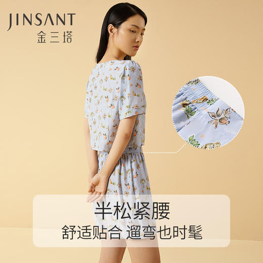 金三塔100%桑蚕丝印花复古方领女士真丝短袖短裤衣裤套时尚可外穿 YSFCB405 商品图3