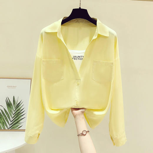 实拍t恤拼接假两件衬衫女春秋装2022年新款百搭显瘦POLO领长袖上衣 YX733 商品图0