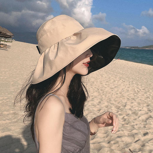 帽子女夏UV防晒帽防紫外线黑胶空顶帽大沿遮脸遮阳沙滩太阳帽 商品图0