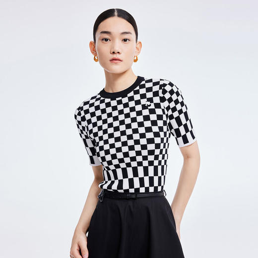 LILY2022夏新款女装复古棋盘格修身毛针织衫内搭上衣122200TK320 商品图0