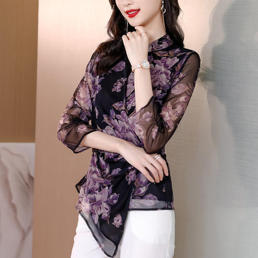 AHM-ymy8963新款复古优雅气质修身立领七分袖印花雪纺衫 商品图1