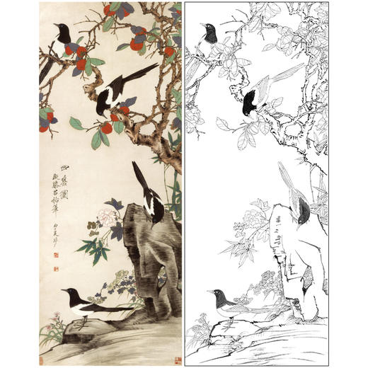 【大彩图】于非闇工笔画白描底稿《四喜图》喜鹊临摹勾线高清打印稿YF14 商品图0