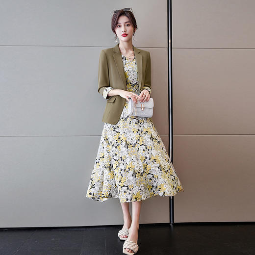 YQ-BY6319七分袖小西装女碎花连衣裙套装春装新款韩版时尚气质职业装西服女 商品图1