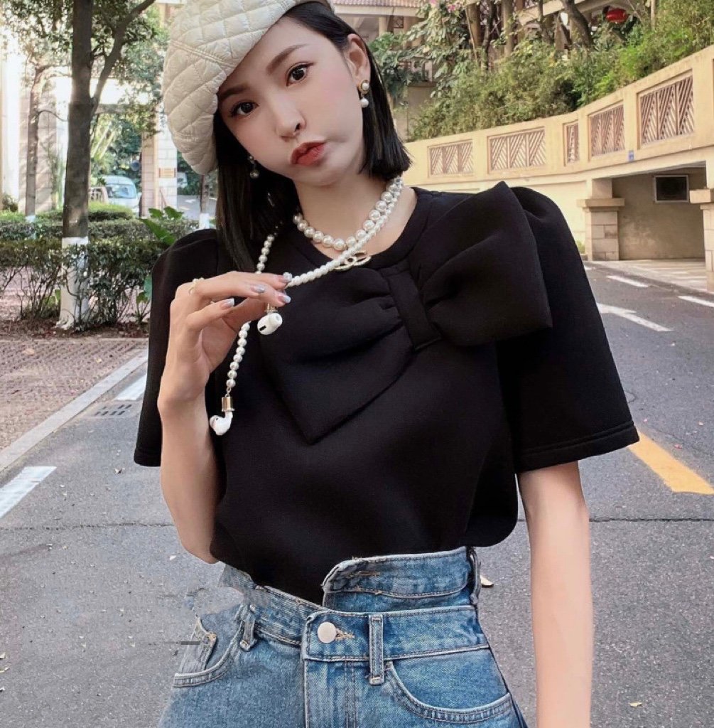 香奈儿 chanel 款大蝴蝶结太空棉t恤上衣 大蝴蝶结设计感 泡