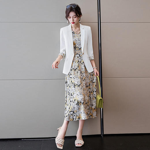 YQ-BY6319七分袖小西装女碎花连衣裙套装春装新款韩版时尚气质职业装西服女 商品图2