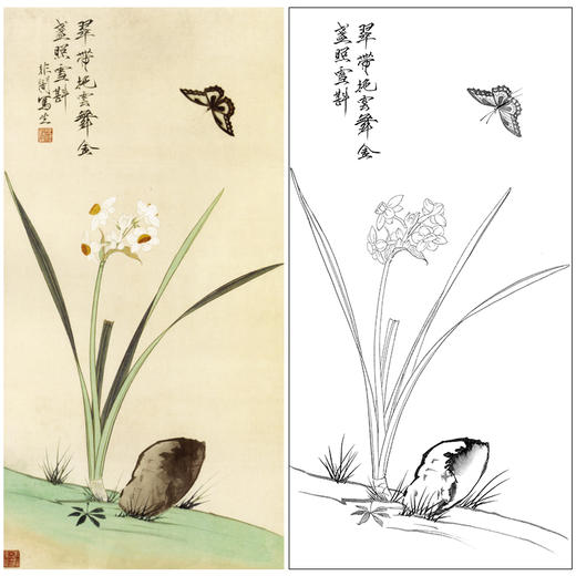 于非闇竖幅工笔花鸟白描底稿-水仙花蝴蝶-YF38 商品图0