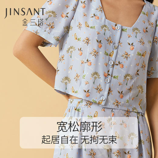 金三塔100%桑蚕丝印花复古方领女士真丝短袖短裤衣裤套时尚可外穿 YSFCB405 商品图2