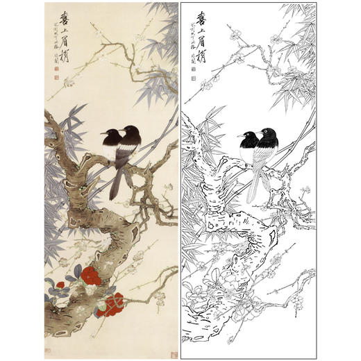 于非闇竖幅工笔花鸟白描底稿喜鹊喜上眉梢图多种白描尺寸可选yf07