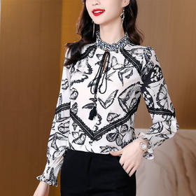 AHM-ymy8951时尚雪纺上衣女2022春装新款蝴蝶印花喇叭袖气质百搭显瘦衬衫女