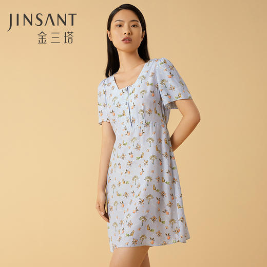 金三塔100%桑蚕丝印花复古方领女士真丝睡裙时尚可爱家居服新品 YSFCB317 商品图0