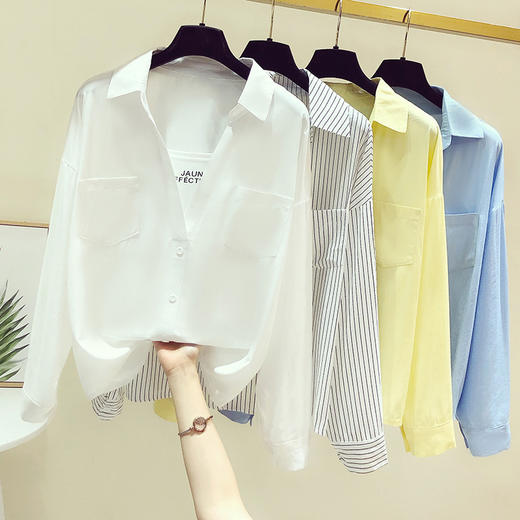 实拍t恤拼接假两件衬衫女春秋装2022年新款百搭显瘦POLO领长袖上衣 YX733 商品图1