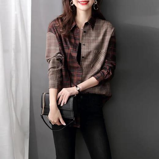 QMCZT7273 拼接格子衬衫女韩版设计感小众2021年春季新款外穿长袖衬衣 商品图1