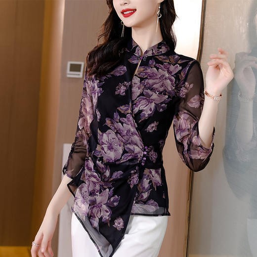 AHM-ymy8963新款复古优雅气质修身立领七分袖印花雪纺衫 商品图2