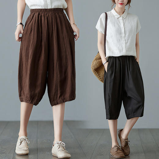 GYH  8098A棉麻松紧腰休闲时尚百搭显瘦纯色五分裤 商品图1