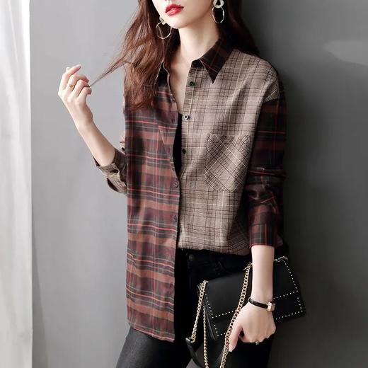 QMCZT7273 拼接格子衬衫女韩版设计感小众2021年春季新款外穿长袖衬衣 商品图3
