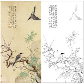 【大彩图】于非闇工笔画白描底稿《仿崔白-梅竹双清图》梅花临摹勾线高清打印稿YF15